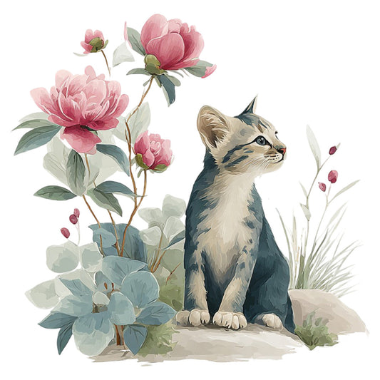 cat, kitten, pink peonies, dusty rose, sage green, cream, taupe, floral, botanical, nature, whimsical, elegant, garden, animals, tabby cat, spring, summer, soft colors, watercolor style, vintage botanical, cottage core, peaceful, serene, decorative panel, wall art, children's fabric, nursery, delicate flowers, green leaves, eucalyptus