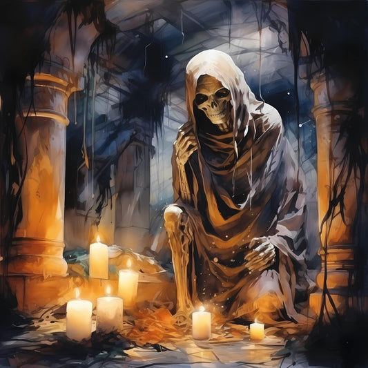 skeleton, grim reaper, death, halloween, gothic, dark fantasy, spooky, supernatural, horror, candlelight, candles, gold, cream, white, orange, brown, black, dark blue, mystical, eerie, haunted, witch, occult, autumn, fall, creepy, atmospheric, moody, dark themed, fantasy art