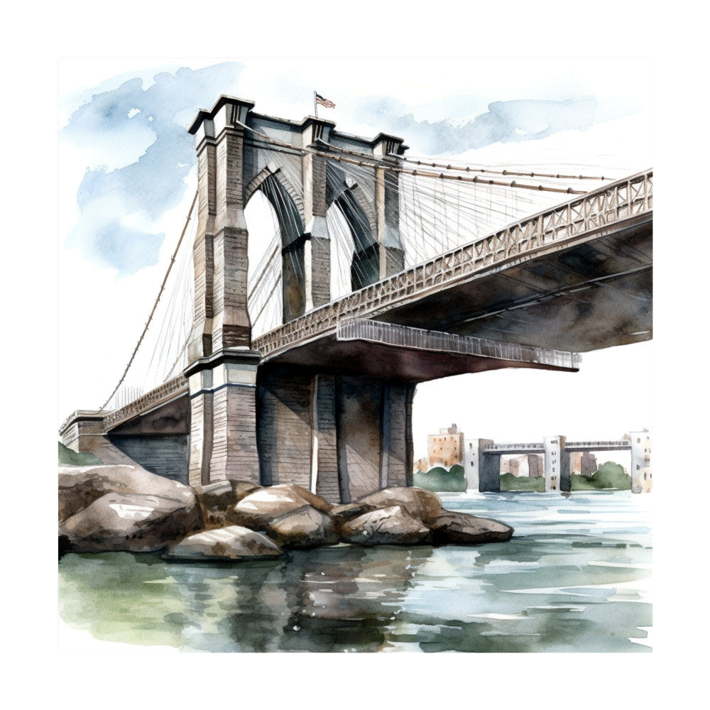 brooklyn bridge, suspension bridge, architectural, watercolor, cityscape, urban landscape, new york, bridge design, stone towers, cable bridge, water scene, scenic landmark, travel themed, beige, gray, blue, green, cream, charcoal, muted tones, monochromatic, realistic illustration, detailed artwork, elegant style, classic americana, heritage architecture, historic landmarks, building motifs, infrastructure, artistic rendering