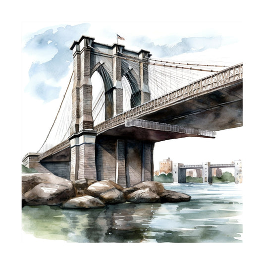 brooklyn bridge, suspension bridge, architectural, watercolor, cityscape, urban landscape, new york, bridge design, stone towers, cable bridge, water scene, scenic landmark, travel themed, beige, gray, blue, green, cream, charcoal, muted tones, monochromatic, realistic illustration, detailed artwork, elegant style, classic americana, heritage architecture, historic landmarks, building motifs, infrastructure, artistic rendering