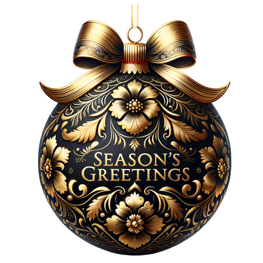 black, gold, metallic, ornate floral, baroque patterns, christmas ornament, decorative bow, elegant scrollwork, holiday motif, fabric panel, quilting cotton, seasonal design, luxurious finish, intricate detailing, festive sphere, golden ribbon, ornamental flowers, winter celebration, premium fabric, sophisticated style