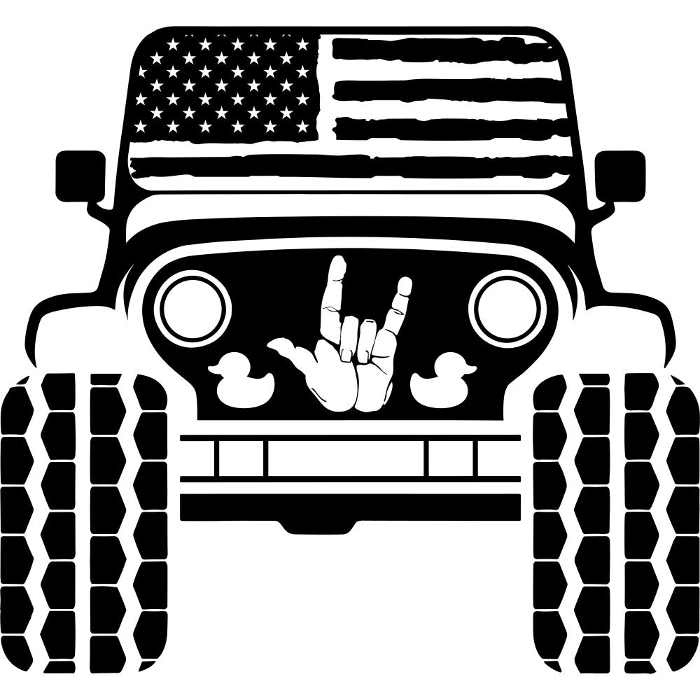 black and white, american flag, jeep, vehicle, patriotic, usa, stars and stripes, peace sign, rubber ducky, duck, hand gesture, off-road, adventure, masculine, bold, graphic, modern, rock and roll, freedom, independence day, fourth of july, retro, vintage americana, cool, edgy, rebellious, wall hanging, home decor