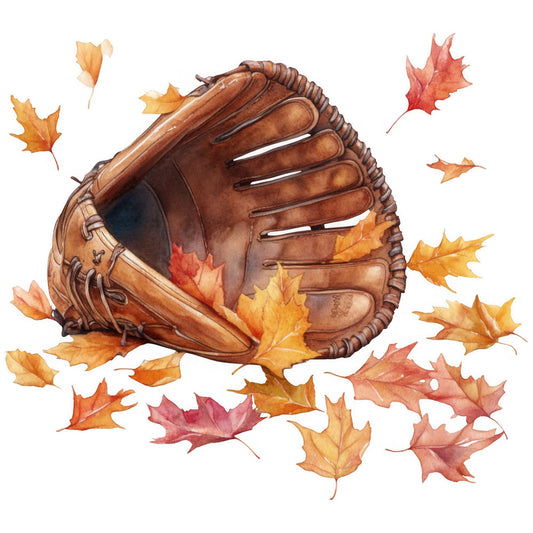 baseball glove, fall leaves, autumn, maple leaves, sports, brown leather, rust orange, golden yellow, coral red, burnt orange, nature, seasonal, outdoor, baseball, sports theme, fall decor, harvest, woodland, rustic, vintage sports, athletic, tan, terracotta, warm colors, leaf motifs, americana, casual style, whimsical, children's, youth