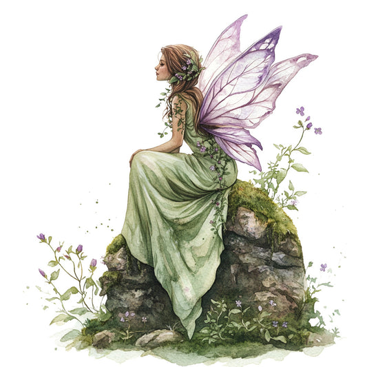 fairy, fairy tale, fantasy, whimsical, nature, botanical, floral, flowers, purple, lavender, sage green, moss green, earth tones, wings, butterfly wings, magical, enchanted, ethereal, romantic, elegance, spring, garden, wildflowers, female figure, folklore, storybook, illustration, detailed art, fabric panel, wall hanging
