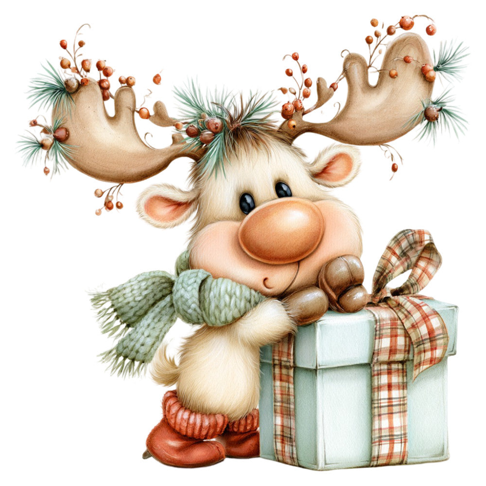 whimsical reindeer, christmas, holiday, cream white, forest green, rust orange, coral pink, cute animals, festive, vintage, traditional, plaid, berries, evergreen branches, gift box, scarf, seasonal, winter, cheerful, children's, storybook illustration, decorative panel, nostalgic, rustic charm, gingham ribbon, woodland creatures, jolly, retro illustration style