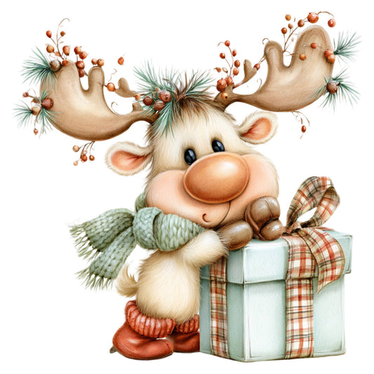 whimsical reindeer, christmas, holiday, cream white, forest green, rust orange, coral pink, cute animals, festive, vintage, traditional, plaid, berries, evergreen branches, gift box, scarf, seasonal, winter, cheerful, children's, storybook illustration, decorative panel, nostalgic, rustic charm, gingham ribbon, woodland creatures, jolly, retro illustration style
