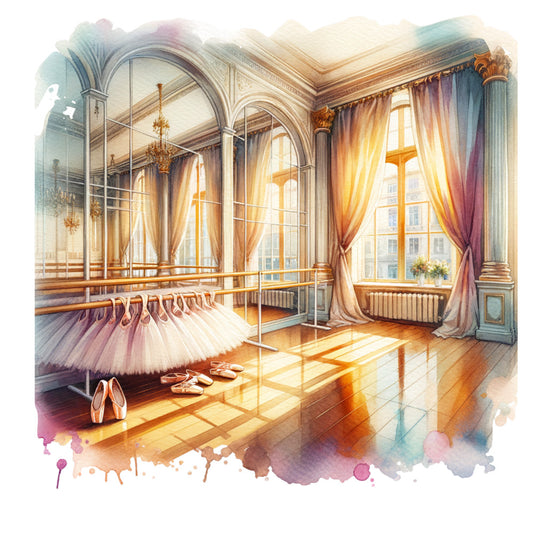 ballet studio, dance studio, tutus, ballet shoes, pointe shoes, barre, mirrors, elegant interior, arched windows, ornate columns, golden sunlight, warm amber tones, purple curtains, cream colors, watercolor style, dreamy atmosphere, dance theme, fabric panel, quilting cotton