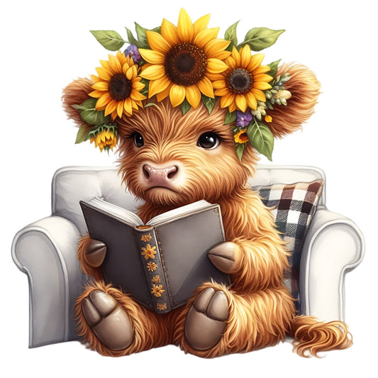 Sunflower Highland Cows Fabric Panel 31 featuring a cute highland cow with sunflower crown reading on a white chair.