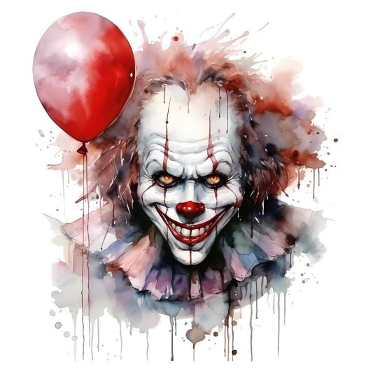 spooky clown, horror themed, creepy makeup, red balloon, golden eyes, white face paint, blood red, burgundy, dusty rose, watercolor splatter, abstract ink, grunge style, dark art, gothic aesthetic, villain character, circus theme, halloween, scary, menacing expression, whimsical dark, artistic portrait, dramatic splatter, moody palette, grayish blue, theatrical makeup, evil clown, contemporary art style, dark fantasy, horror decor