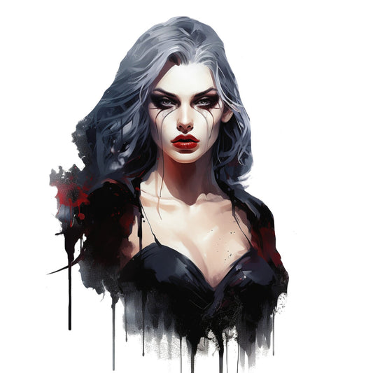 dark gray, charcoal, white, deep red, burgundy, black, portrait, gothic, dramatic, elegant, modern, artistic, watercolor effect, splatter, ink wash, smoky, moody, dark romance, edgy, fashion illustration, grunge, alternative, contemporary, noir, dramatic makeup, theatrical, goth aesthetic, dark fantasy