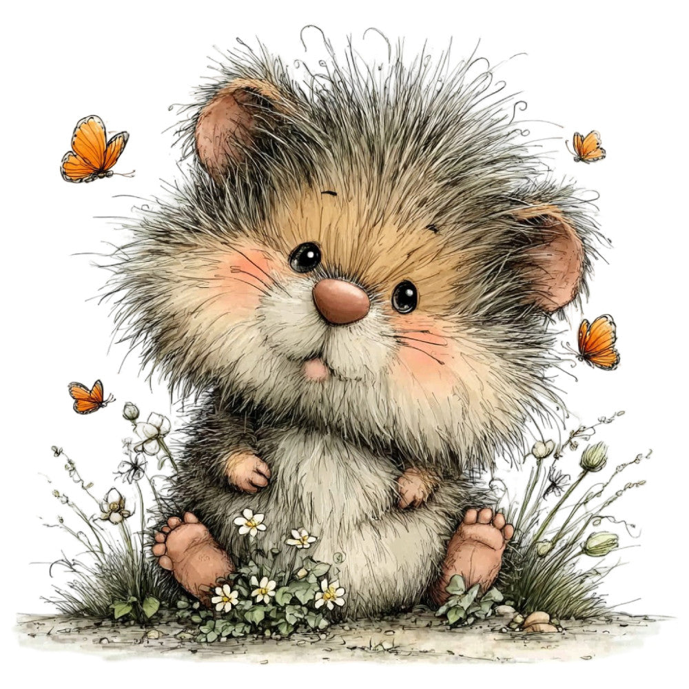 hedgehog, cute animals, woodland creatures, nature, whimsical, charming, illustrated, butterflies, orange butterflies, flowers, white flowers, daisies, grass, spring, summer, natural tones, tan, cream, brown, gray, rustic, children's, kids, baby, gentle, soft, storybook, fantasy, garden, insects