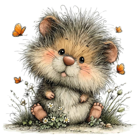 hedgehog, cute animals, woodland creatures, nature, whimsical, charming, illustrated, butterflies, orange butterflies, flowers, white flowers, daisies, grass, spring, summer, natural tones, tan, cream, brown, gray, rustic, children's, kids, baby, gentle, soft, storybook, fantasy, garden, insects