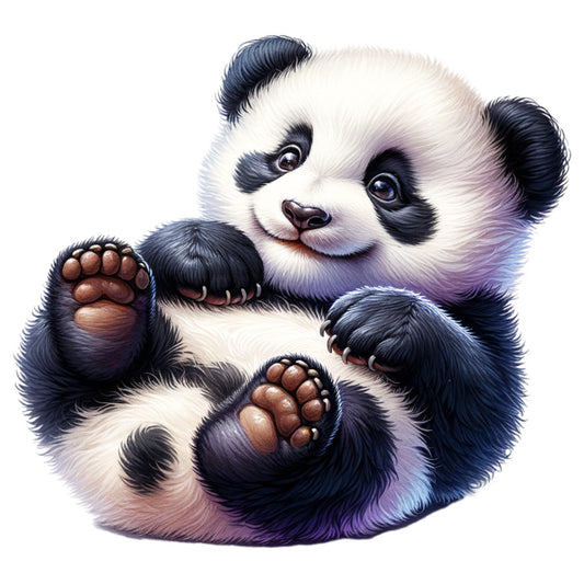 panda, baby animal, black and white, purple accents, adorable, playful pose, paw pads, fabric panel, quilting cotton, children's fabric, nursery theme, animal print, cute character, soft illustration, whimsical art, craft fabric, sewing panel, bear cub, detailed artwork