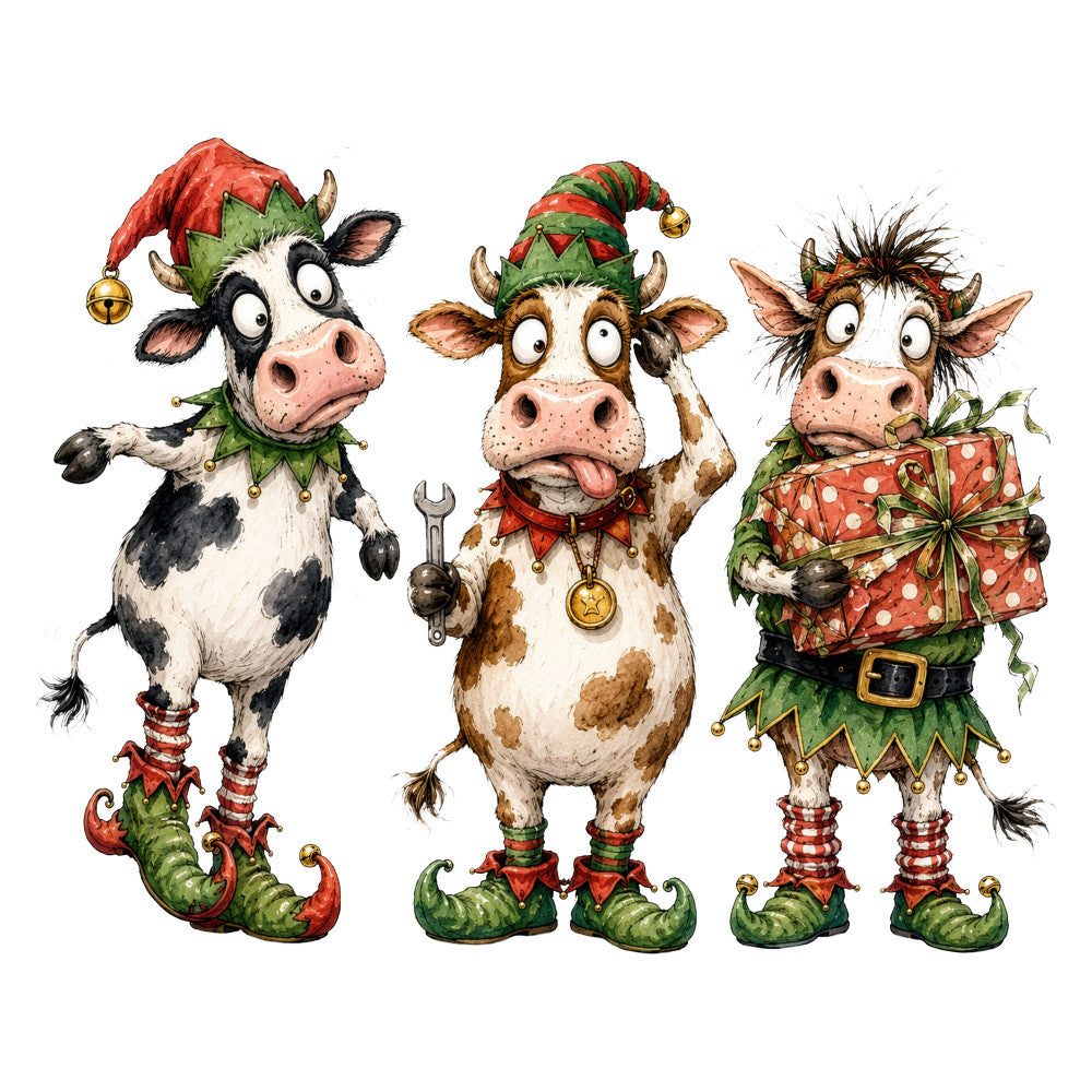 christmas, holiday, elf, elves, whimsical, festive, red, green, gold, cream, white, brown, animals, cows, cattle, farm animals, farmhouse, vintage, children's, cute, jingle bells, striped stockings, pointed hats, jolly, playful, humorous, folk art, traditional, seasonal, winter