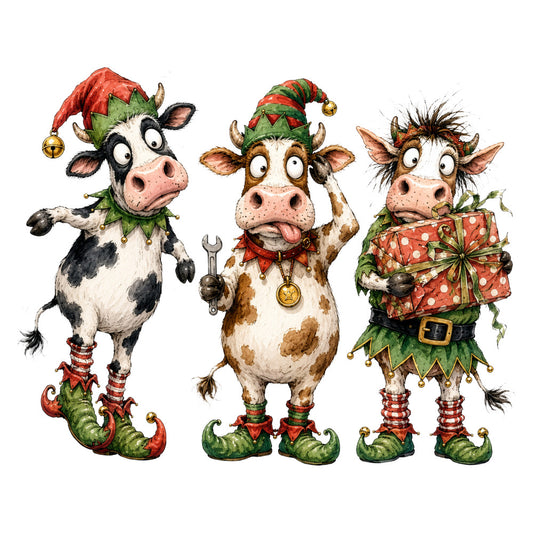 christmas, holiday, elf, elves, whimsical, festive, red, green, gold, cream, white, brown, animals, cows, cattle, farm animals, farmhouse, vintage, children's, cute, jingle bells, striped stockings, pointed hats, jolly, playful, humorous, folk art, traditional, seasonal, winter