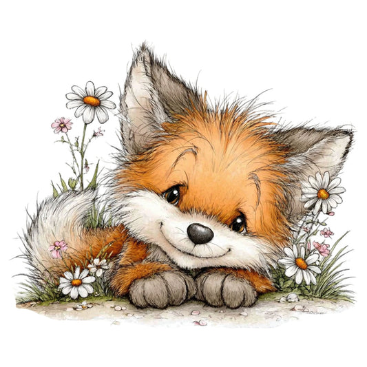 fox, woodland animals, cute animals, orange, cream white, brown, tan, daisies, flowers, floral, nature, whimsical, charming, children's fabric, baby quilt, nursery, spring, garden, pastoral, sweet, gentle, illustrative, storybook style, adorable, playful, folk art, rustic charm, animal friends