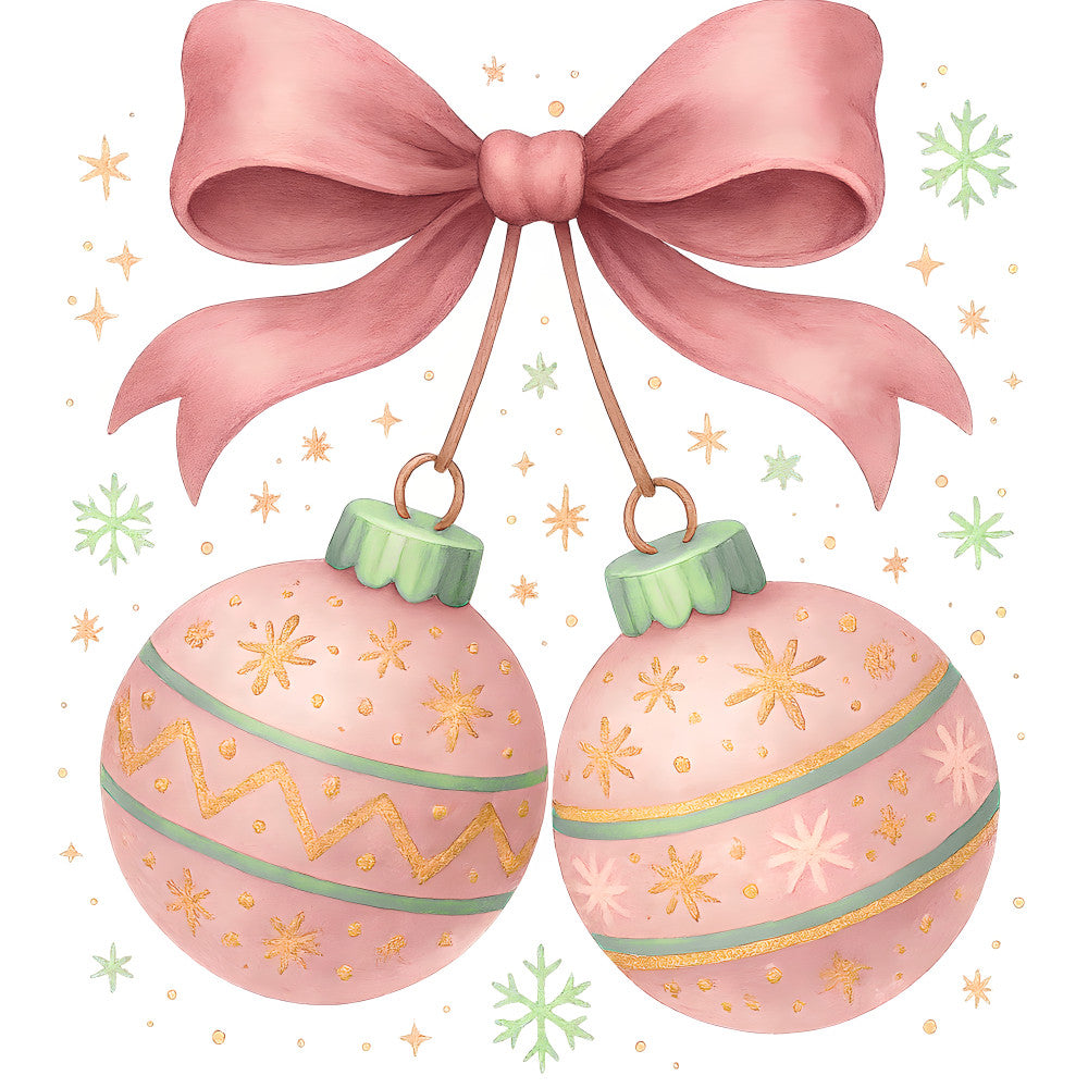 pink fabric panel, christmas ornaments, holiday decorations, rose gold accents, mint green details, watercolor style, festive bow, snowflakes, star patterns, zigzag designs, pastel christmas, soft pink tones, quilting cotton, craft panel, seasonal motifs, decorative baubles, winter theme, gentle hues, fabric art, holiday crafting