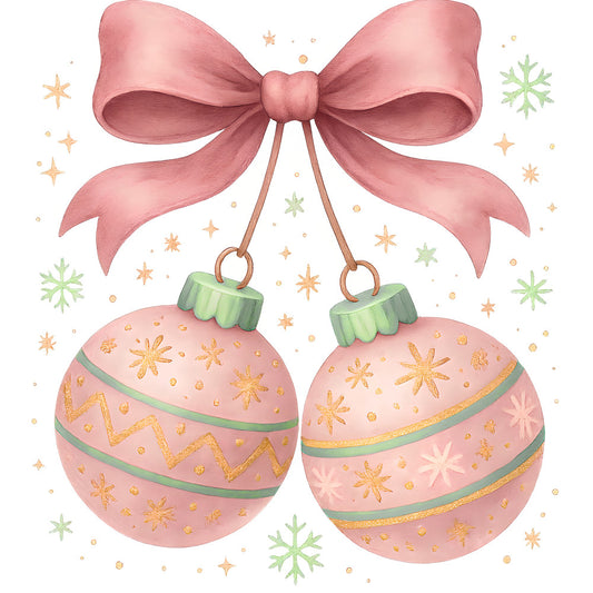 pink fabric panel, christmas ornaments, holiday decorations, rose gold accents, mint green details, watercolor style, festive bow, snowflakes, star patterns, zigzag designs, pastel christmas, soft pink tones, quilting cotton, craft panel, seasonal motifs, decorative baubles, winter theme, gentle hues, fabric art, holiday crafting