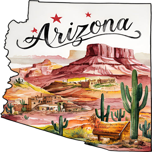 Classic US States Fabric Panel 47 featuring Arizona landscape with desert scenery, cacti, and rock formations printed on premium quilting cotton.