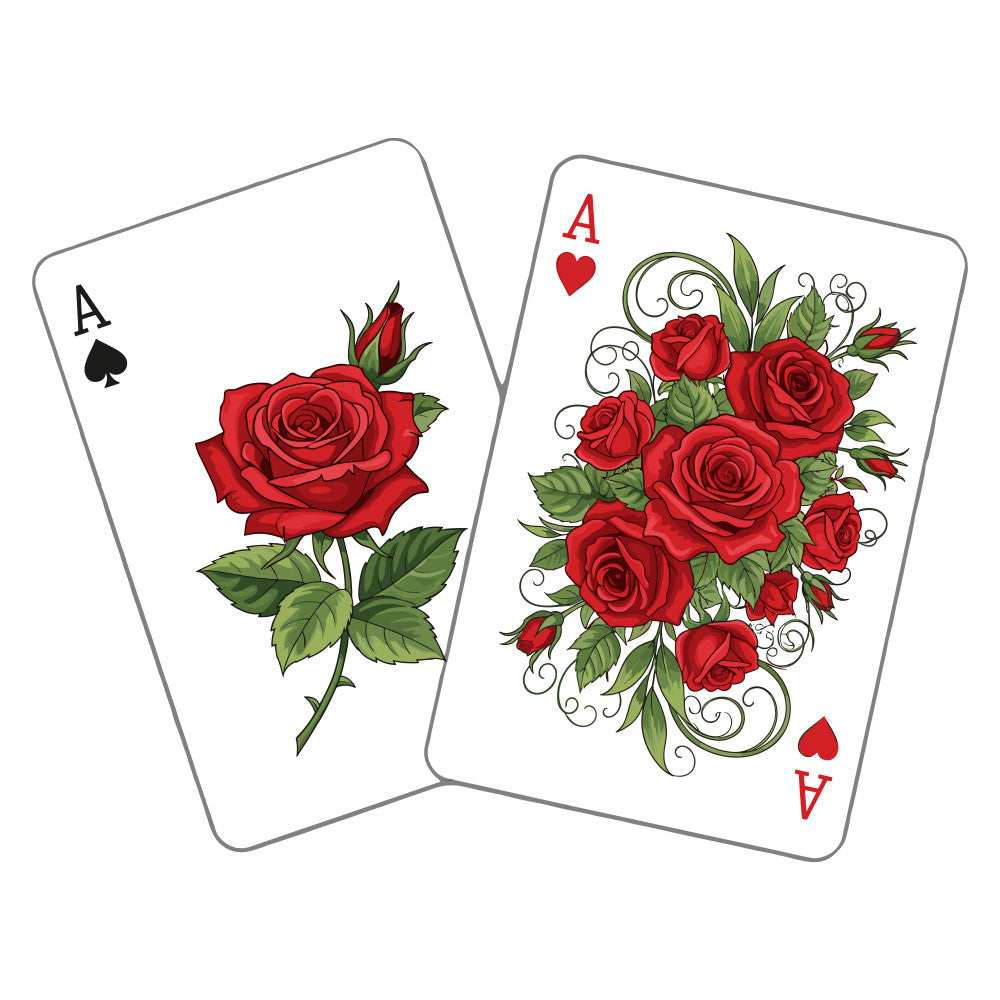 playing cards, ace of spades, ace of hearts, red roses, green leaves, floral design, vintage style, casino theme, card suits, botanical elements, fabric panel, quilting cotton, white background, decorative swirls, gaming motif, rose bouquet, leaf details, ornate flourishes, card game design, crimson red
