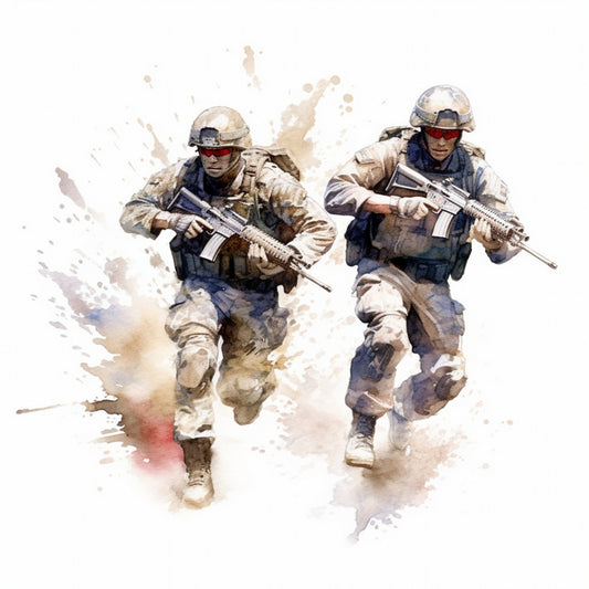 military, soldiers, combat, action, watercolor, patriotic, armed forces, desert camouflage, tan, beige, cream, navy blue, rust red, abstract splatter, modern, tactical gear, armed services, hero tribute, veterans, courage, strength, dynamic movement, splattered background, contemporary art style, americana, service, bravery