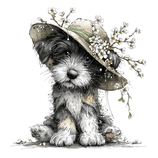 dog, puppy, black and white, cream, tan, beige, floral, botanical, flowers, daisy, spring, whimsical, cute, adorable, animal, pet, children's, baby, playful, illustration, vintage, garden, nature, hat, straw hat, charming, sweet, gentle, nursery