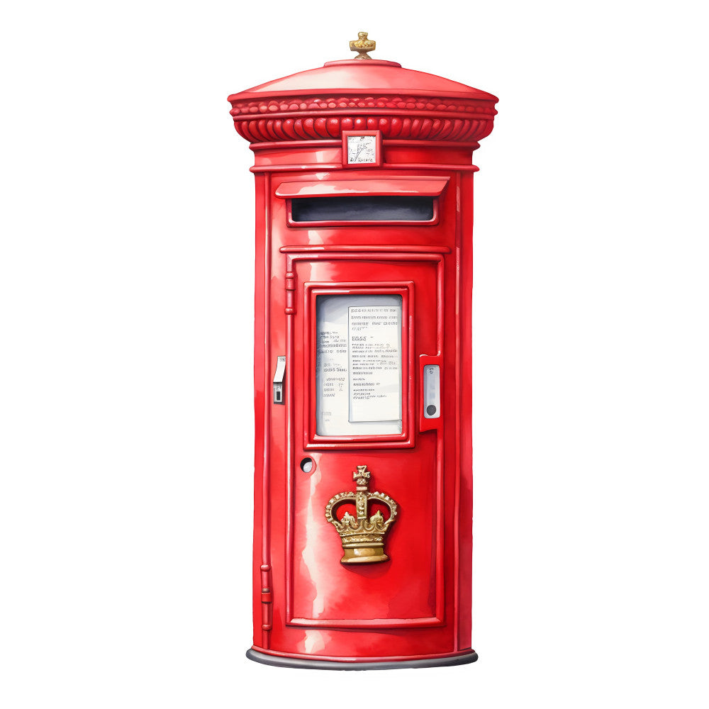 red postbox, british post box, vintage british, pillar box, mail box, red mailbox, gold crown, royal mail, british landmark, vintage postal, traditional british, iconic red, british heritage, nostalgic british, travel themed, classic british, postal service, letter mail, british culture, retro vintage, england inspired, nostalgic theme, british decor, architectural, vintage americana, iconic imagery, historic british, traditional design, elegant gold accents
