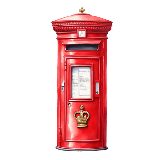 red postbox, british post box, vintage british, pillar box, mail box, red mailbox, gold crown, royal mail, british landmark, vintage postal, traditional british, iconic red, british heritage, nostalgic british, travel themed, classic british, postal service, letter mail, british culture, retro vintage, england inspired, nostalgic theme, british decor, architectural, vintage americana, iconic imagery, historic british, traditional design, elegant gold accents