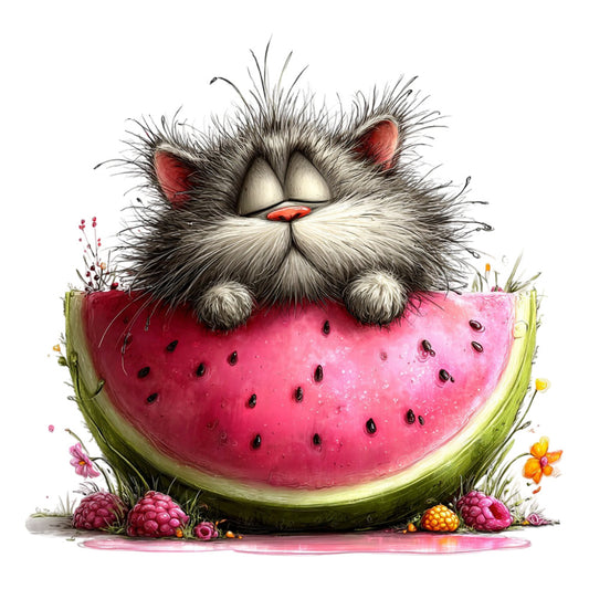 whimsical cat, watermelon, pink, red, green, gray, fluffy cat, cute animals, fruit, nature, playful, children, kids, summer, spring, fantasy, charming, illustration, animal lovers, food themed, berries, raspberry, flowers, colorful, bright, cheerful, wall hanging, baby quilt