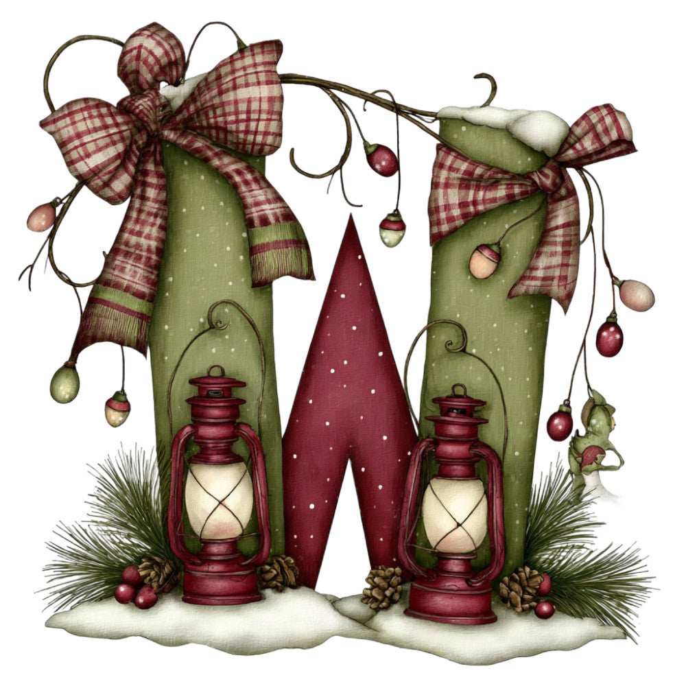 forest green, burgundy red, cream, plaid, checkered, holiday, christmas, vintage, rustic, whimsical, farmhouse, lanterns, bows, ribbons, ornaments, pine branches, evergreen, winter, snow, gnome, gnomes, cottage core, traditional, festive, decorative, wall hanging, quilt panel, seasonal, cozy, country style