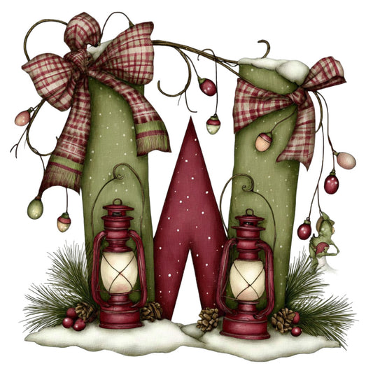 forest green, burgundy red, cream, plaid, checkered, holiday, christmas, vintage, rustic, whimsical, farmhouse, lanterns, bows, ribbons, ornaments, pine branches, evergreen, winter, snow, gnome, gnomes, cottage core, traditional, festive, decorative, wall hanging, quilt panel, seasonal, cozy, country style