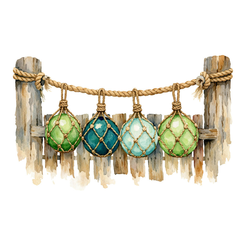 coastal, nautical, beach, weathered wood, rope, glass floats, buoys, ocean, seaside, teal, forest green, sage green, cream white, rustic, vintage, coastal decor, beach house, maritime, rope detail, fishing village, weathered, distressed, cottage style, summer, seaside charm, decorative spheres, net pattern, coastal themed, beachy keen