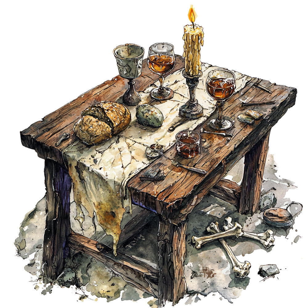 vintage gothic, dark academia, witchy aesthetic, halloween, burgundy, burnt orange, cream, charcoal gray, olive green, gold accents, candlelit, mystical, occult, spooky, steampunk, baroque, ornate goblets, bread loaves, bones, candles, dramatic lighting, moody, dark romantic, gothic decor, autumn, rustic gothic, macabre, vintage still life, celestial witchcraft, elegant dark