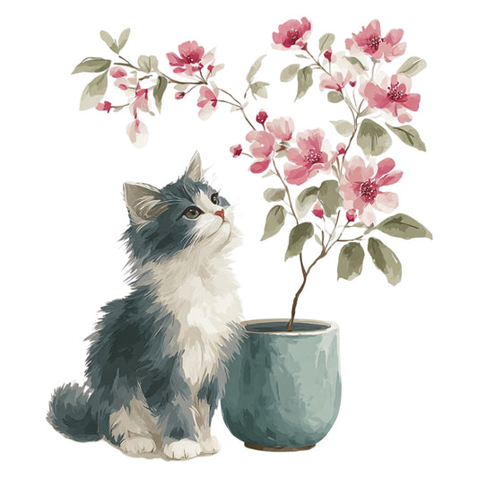 cat, kitten, flowers, floral, pink flowers, rose pink, dusty rose, sage green, teal green, white, gray, botanical, nature, animal, whimsical, watercolor, soft, delicate, spring, potted plant, blossom, leaves, foliage, elegant, gentle, sweet, pet, feline, charming, cottage style