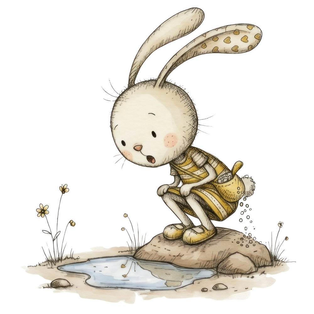 cream, tan, beige, golden yellow, soft brown, sage green, pale blue, whimsical, cute animals, bunny, rabbit, playful, children's, nursery, storybook illustration, watercolor, gentle, soft colors, nature, countryside, puddle, flowers, spring, baby, toddler, adorable, charming, pastoral, illustrated