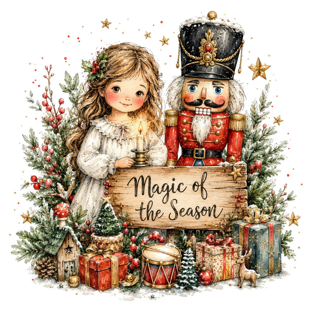 magic of the season, nutcracker, christmas, holiday, vintage, whimsical, cream, red, gold, black, forest green, coral pink, girl, angel child, nutcracker soldier, stars, gifts, presents, evergreen branches, holly berries, pine cones, drums, candles, reindeer, snow, festive, elegant, traditional, storybook, winter