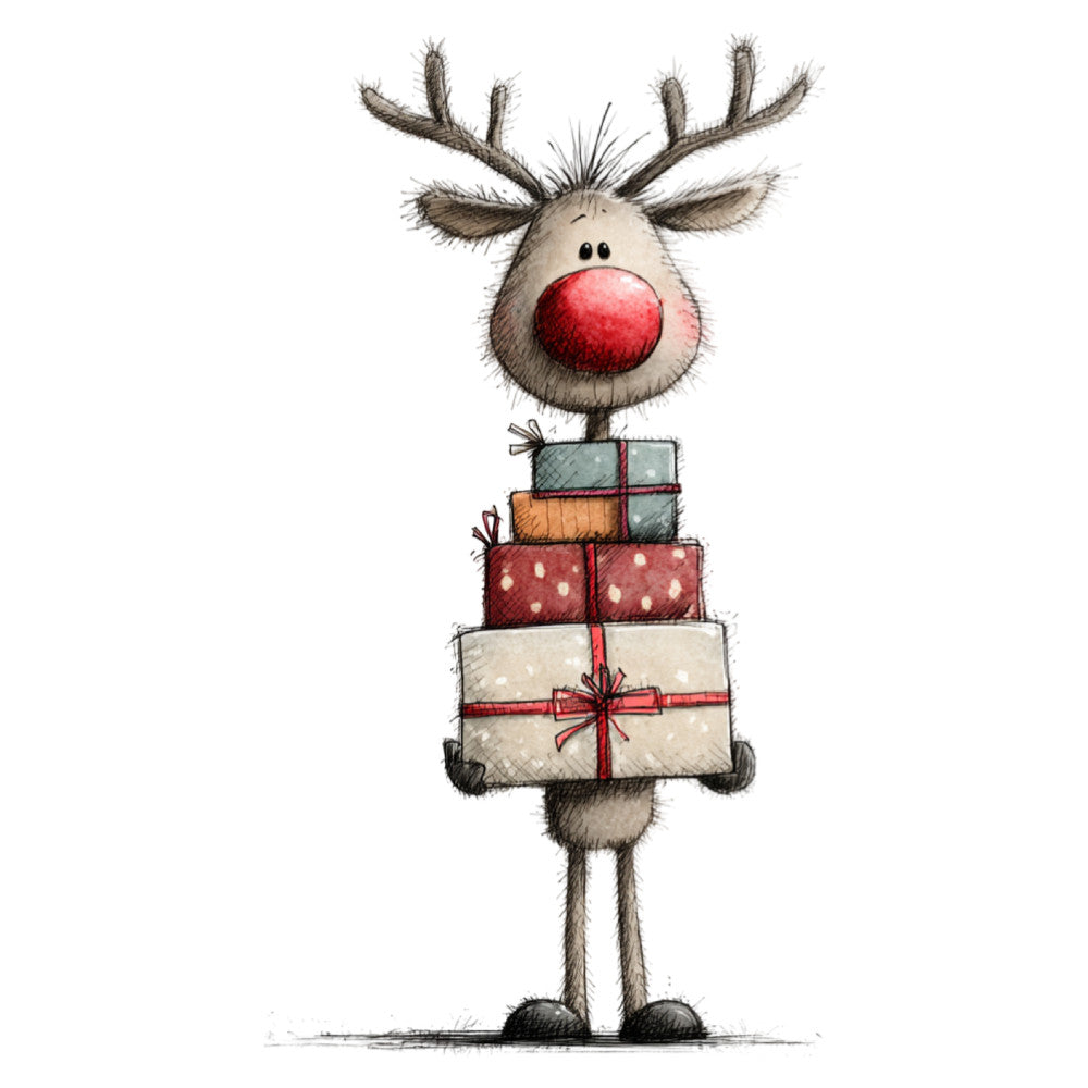 reindeer, rudolph, red nose, christmas, holiday, whimsical, cute, charming, gifts, presents, stacked presents, cream, red, green, orange, tan, neutral, festive, seasonal, children's, kids, playful, modern, illustration, character, winter, decorative, family friendly