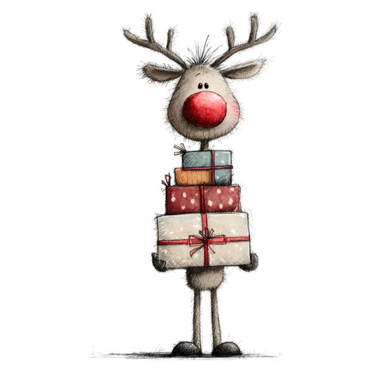 reindeer, rudolph, red nose, christmas, holiday, whimsical, cute, charming, gifts, presents, stacked presents, cream, red, green, orange, tan, neutral, festive, seasonal, children's, kids, playful, modern, illustration, character, winter, decorative, family friendly