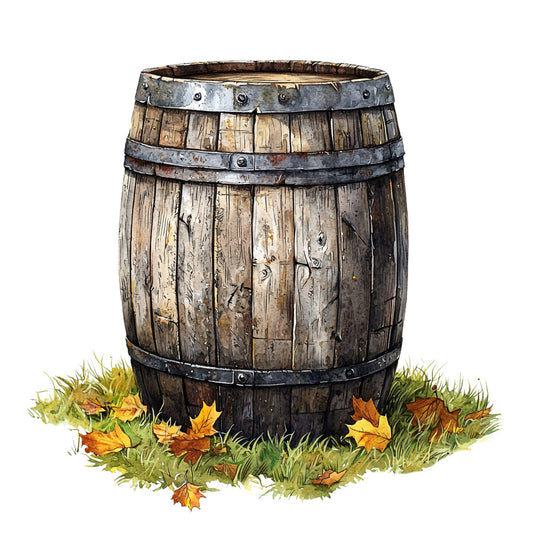 wooden barrel, weathered wood, metal hoops, autumn leaves, grass, brown tones, rustic style, bourbon theme, fabric panel, quilting cotton, fall colors, vintage barrel, distressed wood, iron bands, golden yellow, orange leaves, green grass, aged appearance, country style, whiskey barrel