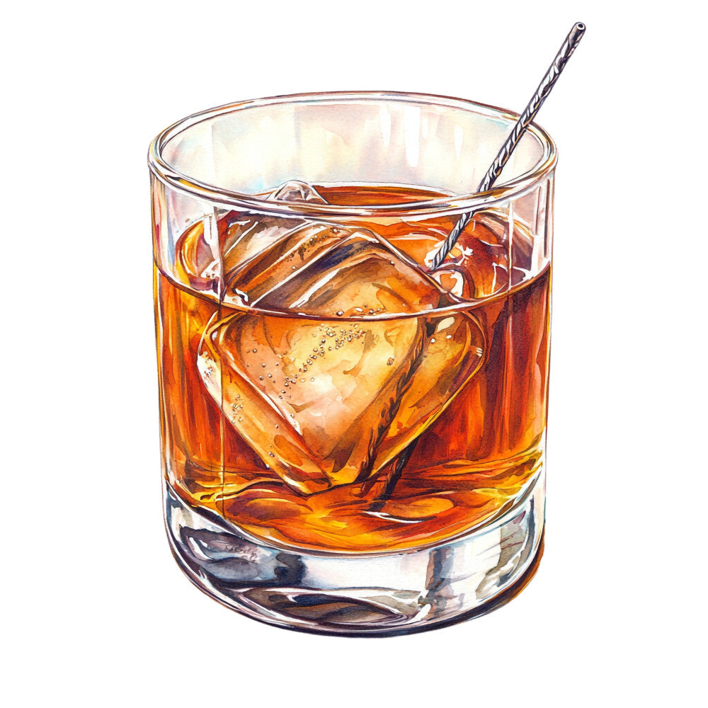 amber, golden brown, whiskey glass, ice cube, cocktail stirrer, bourbon, alcohol beverage, watercolor style, realistic illustration, amber liquid, crystal glass, bar theme, drinking glass, old fashioned, rustic orange, copper tones, fabric panel, quilting cotton, masculine design, spirits motif