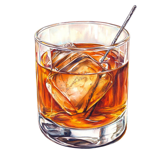 amber, golden brown, whiskey glass, ice cube, cocktail stirrer, bourbon, alcohol beverage, watercolor style, realistic illustration, amber liquid, crystal glass, bar theme, drinking glass, old fashioned, rustic orange, copper tones, fabric panel, quilting cotton, masculine design, spirits motif