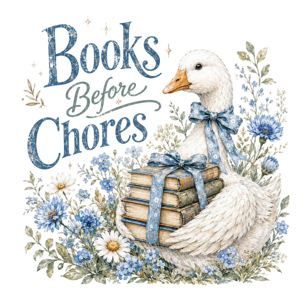 books, ducks, geese, white birds, blue flowers, daisies, cornflowers, botanical, floral, vintage, whimsical, farmhouse, cottage core, storybook, literary, nature, elegant, delicate, cream, ivory, dusty blue, sage green, gold accents, ribbons, bows, stacked books, literary theme, spring, garden, timeless