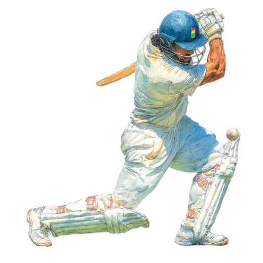 cricket, sports, blue helmet, batter, batsman, indian flag, watercolor, illustration, athletic, action pose, sky blue, cream, sage green, tan, beige, rust orange, hand-painted, figurative, men's sports, recreational, casual wear, summer sports, sports equipment, bat and ball, dynamic movement, vintage illustration, traditional art style, sports fan gift