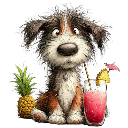 dog, puppy, terrier, whimsical, playful, fun, animals, tropical, summer, pineapple, cocktail, beverage, brown, cream, tan, white, coral pink, yellow, cheerful, cute, humorous, funny, illustration, novelty, lifestyle, children's, whimsy, quirky, colorful