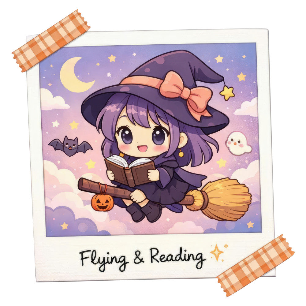purple, lavender, coral pink, cream, golden yellow, orange, witch, halloween, celestial, moon, stars, clouds, magical, whimsical, cute, kawaii, witch hat, broomstick, book, reading, flying, ghost, bat, pumpkin, autumn, fall, spooky, children, kids, fantasy