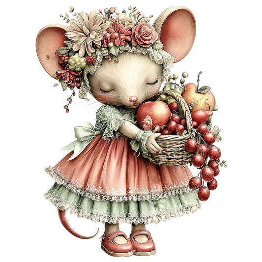 cute mouse, whimsical animals, floral crown, vintage style, cottage core, garden theme, spring flowers, roses, dahlias, berries, fruit basket, dusty rose, sage green, cream, blush pink, lace details, elegant, romantic, nursery, baby quilt, children's fabric, feminine, pastoral, nature inspired, woodland creatures, botanical, decorative arts, storybook illustration, vintage botanical, pastel colors
