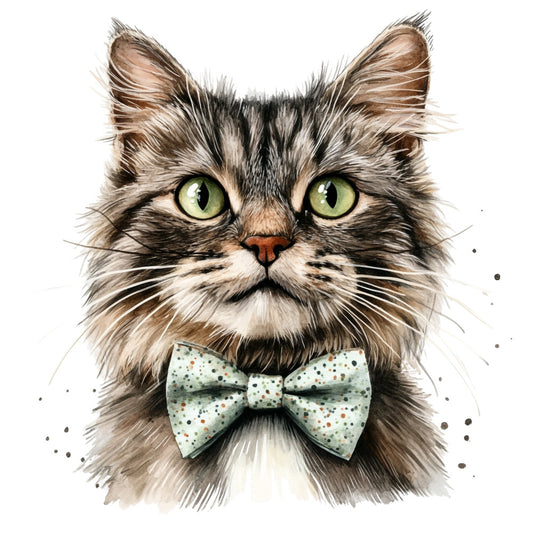 cat, animal, feline, green eyes, bow tie, bowtie, polka dot, spotted, whimsical, playful, cute, portrait, face, tabby, striped, charcoal gray, cream white, sage green, brown, tan, elegant, quirky, humorous, funny, pet lover, cat lover, woodland, nature, spring, summer