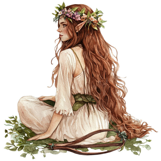 copper hair, auburn, rust brown, cream, ivory, soft green, sage green, forest green, mauve pink, dusty rose, floral, nature, fantasy, fairy tale, whimsical, bohemian, elegant, vintage, spring, summer, woodland, ethereal, flowers, flower crown, leaves, foliage, romantic, dreamy, character panel, illustration