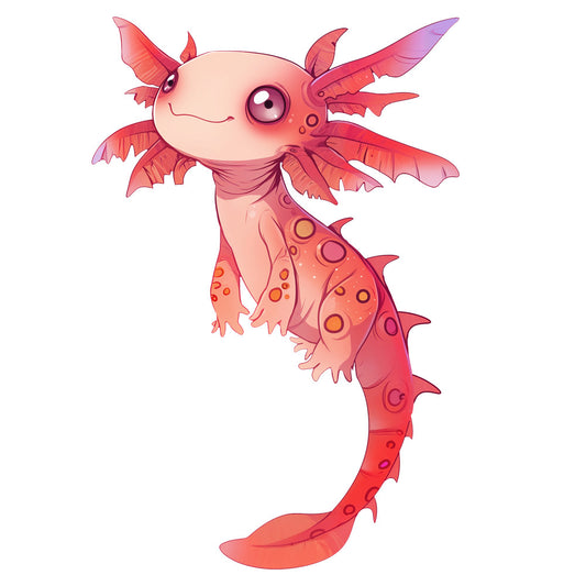 axolotl, cartoon character, pink, coral, peach, aquatic animal, cute illustration, kawaii style, amphibian, gills, spots, circular patterns, whimsical design, fabric panel, quilting cotton, children's fabric, nursery theme, underwater creature, soft colors, playful artwork