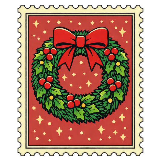 christmas wreath, holiday, red background, gold stars, green leaves, red berries, red bow, festive, traditional, vintage, seasonal, winter, christmas decoration, wreath design, evergreen, holly berries, ribbon bow, sparkles, elegant, classic, nostalgic, postage stamp style, bordered design, warm colors, metallic accents, celebration, decorative, timeless